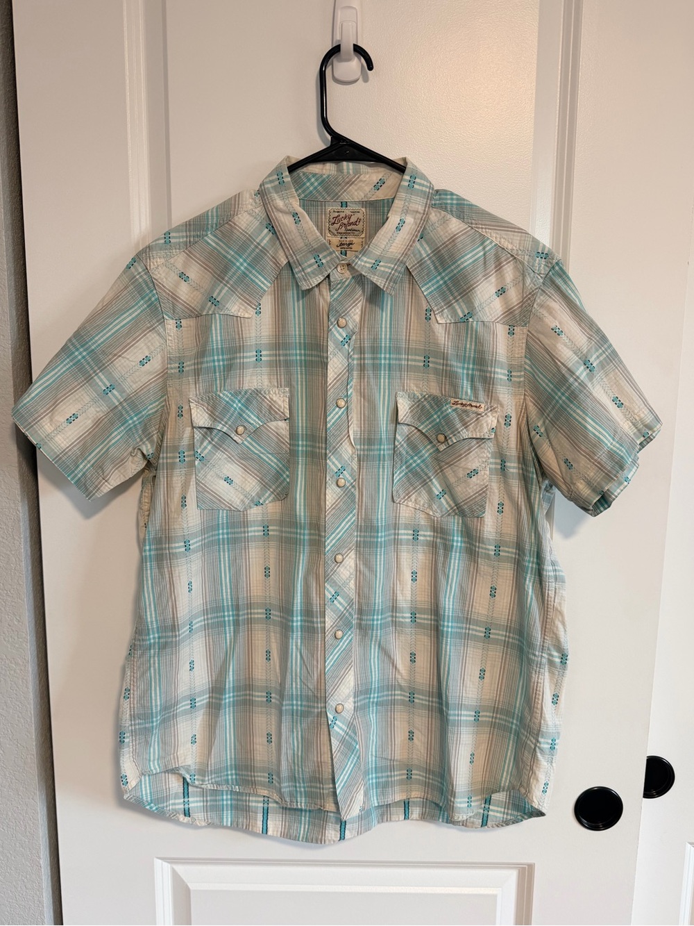 Lucky Brand Short-Sleeve Plaid Button-Down Shirt - Aqua & Beige